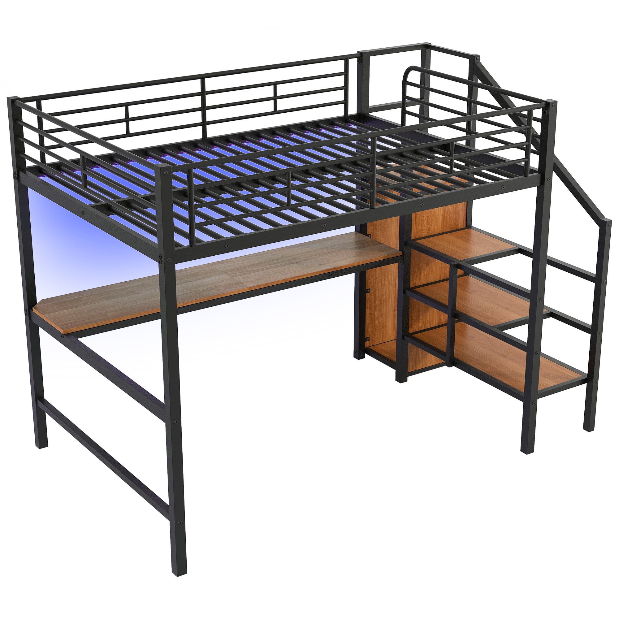 EUROCO Modern Metal Full Size Loft Bed with Wardrobe, Shelf and Desk with LED Light, Storage Staircase for Kids Teens, Black