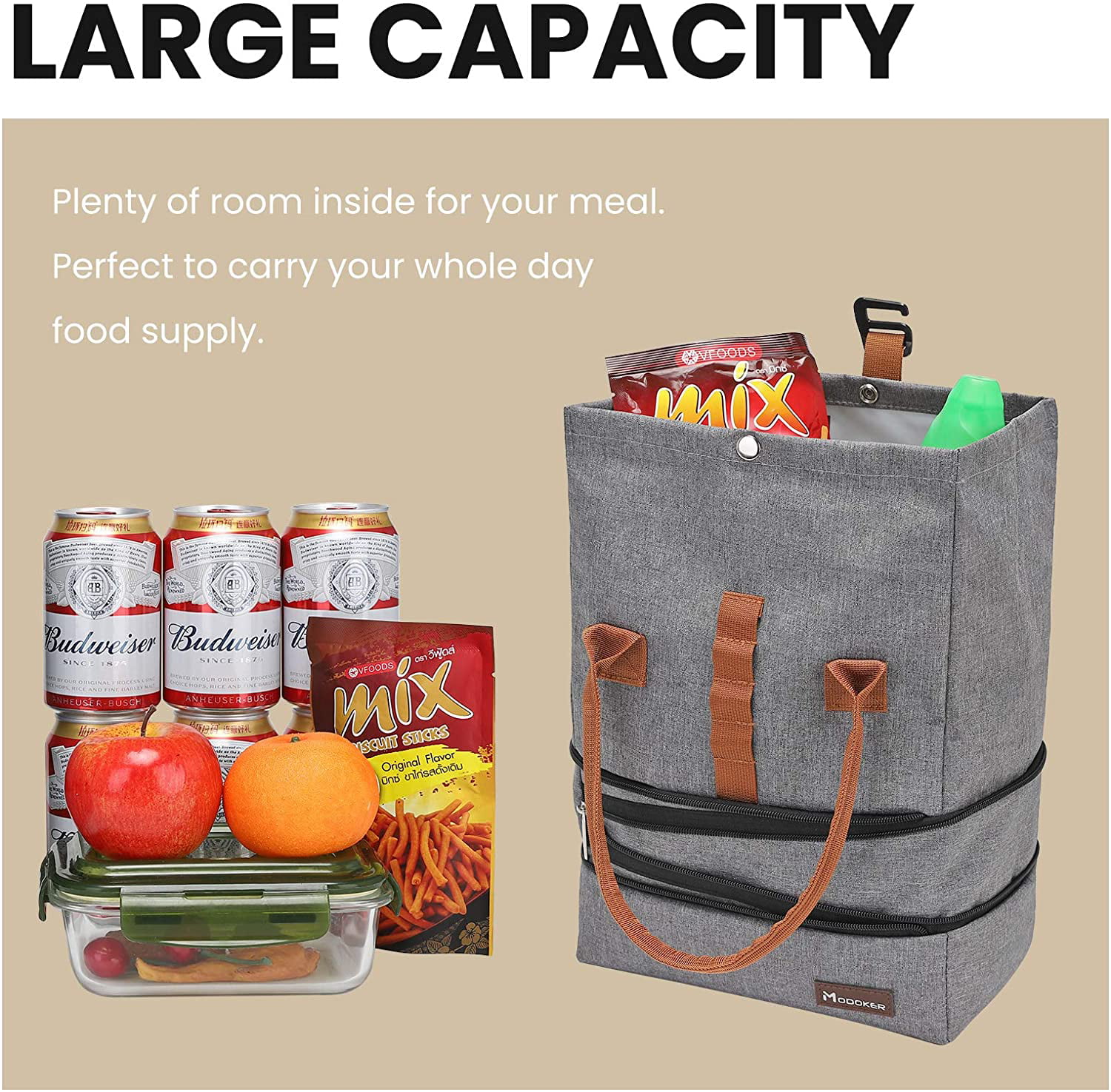 Blue Large Lunch Box for Work School Picnics Roll Top Insulated Lunch Tote 5 Grid Loops for Adjusting the Size of the Bag Modoker Expandable Lunch Bags for Women Men