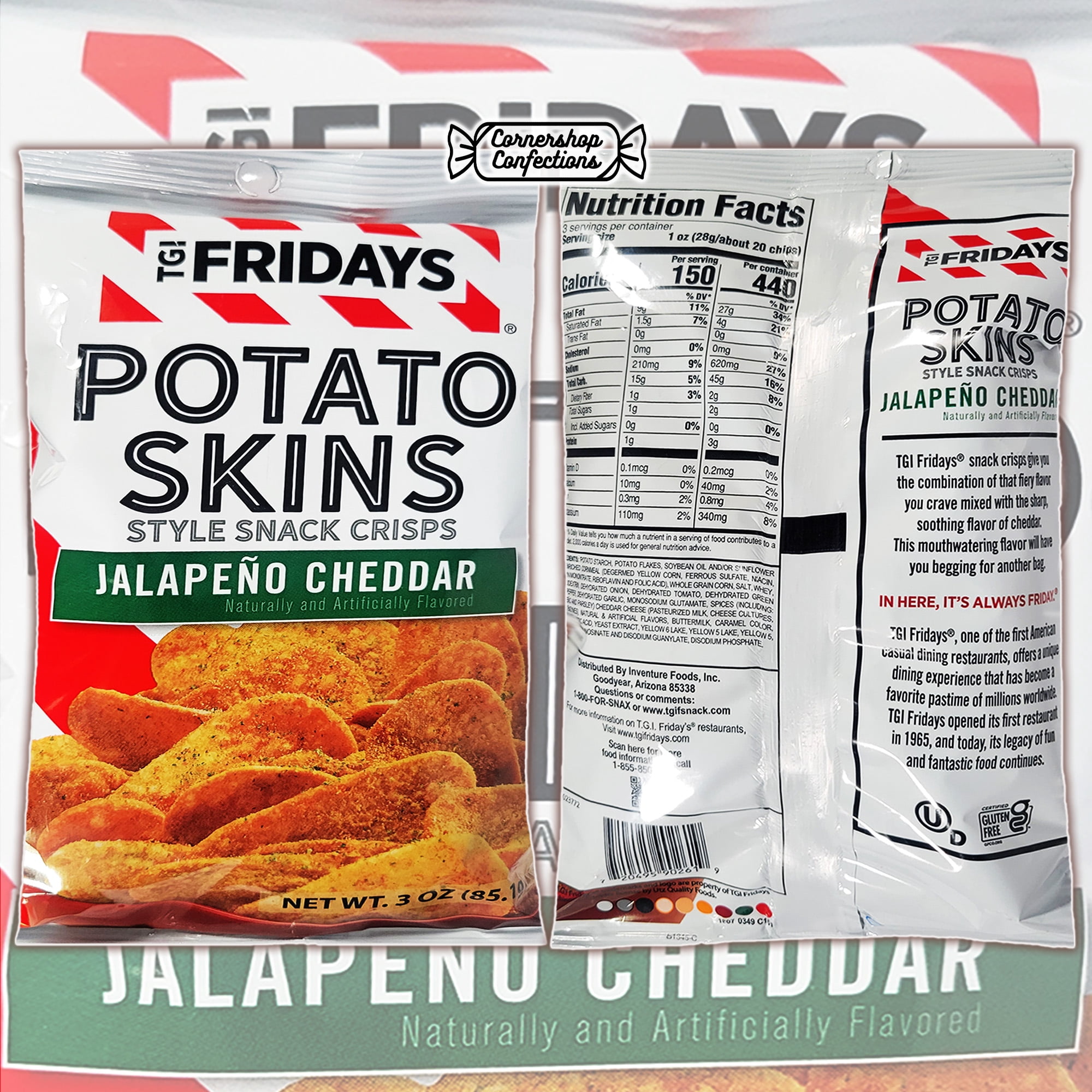 TGI Fridays Potato Skins Jalapeno Cheddar Bundle Pack - 7 Individually Sealed Bags, Each 3 Ounces - Gluten-Free, Kosher - For Snacks, Lunches, Parties, Movie Nights - In Cornershop Confections Box