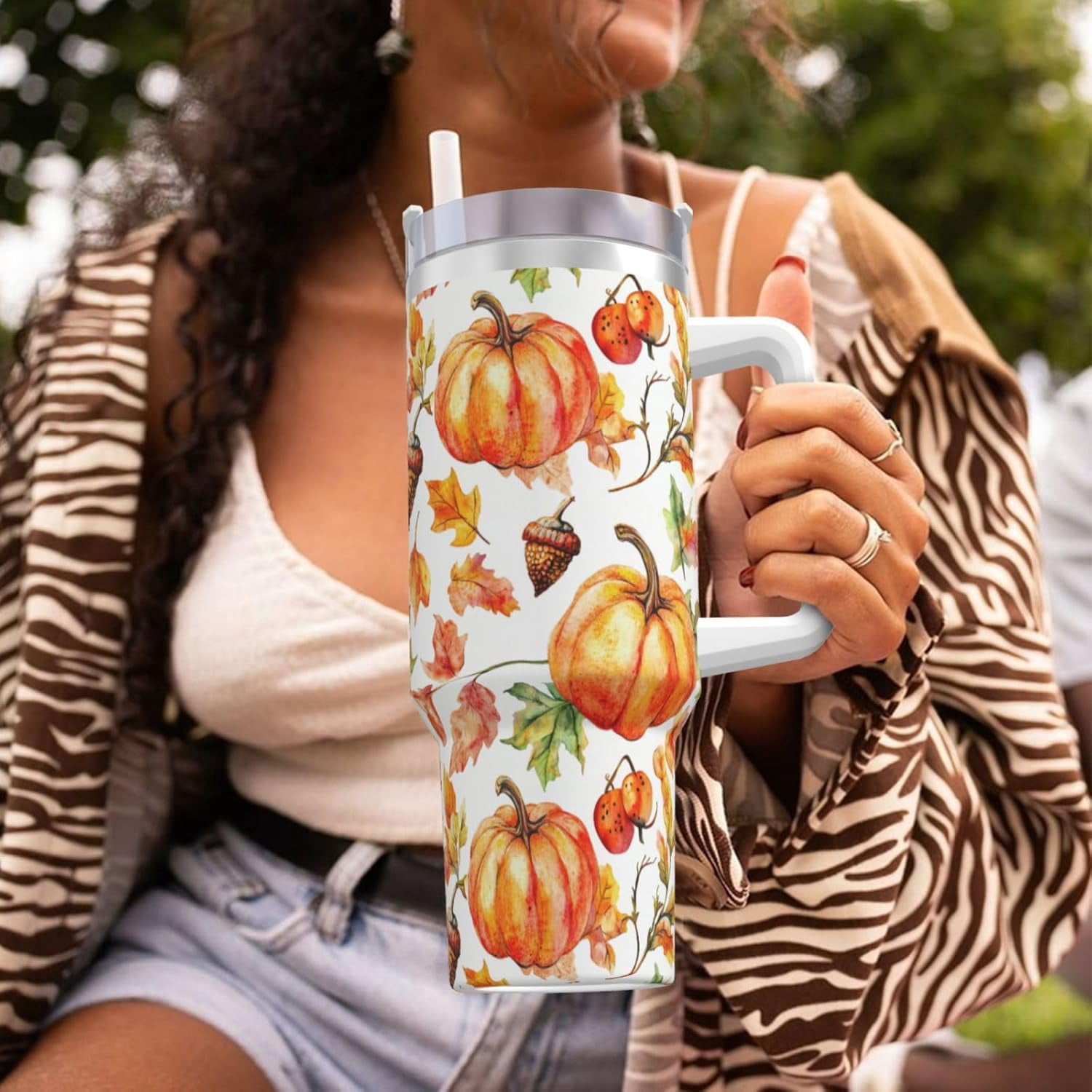 Fall Pumpkin 40 Oz (1200 ml) Insulated Coffee Tumbler with Handle and Straw Lid, Reusable Stainless Steel Travel Mug Cup for Women Men Party Birthday Gifts