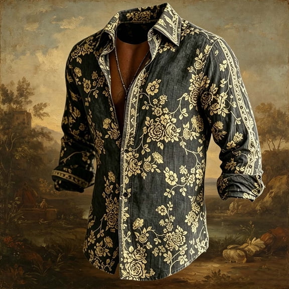Yaoyar Mens Hawaiian Floral Long Sleeve Shirt Tropical Button Down Printed Aloha Shirts Wedding Beach Vacation with Pocket