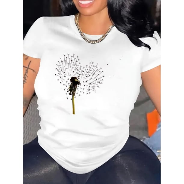 Camiseta de manga corta para mujer transpirable Moda de veranoRealistic Dandelion Pattern Printed Women'S Fashion Trendy Round Neck Short Sleeve, Simple Casual Sports T-Shirt, Comfortable Summer Top