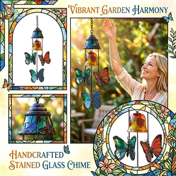 Stained Glass Butterfly Wind Chime with Bells, Colorful Outdoor Hanging Decor for Garden, Patio, and Porch