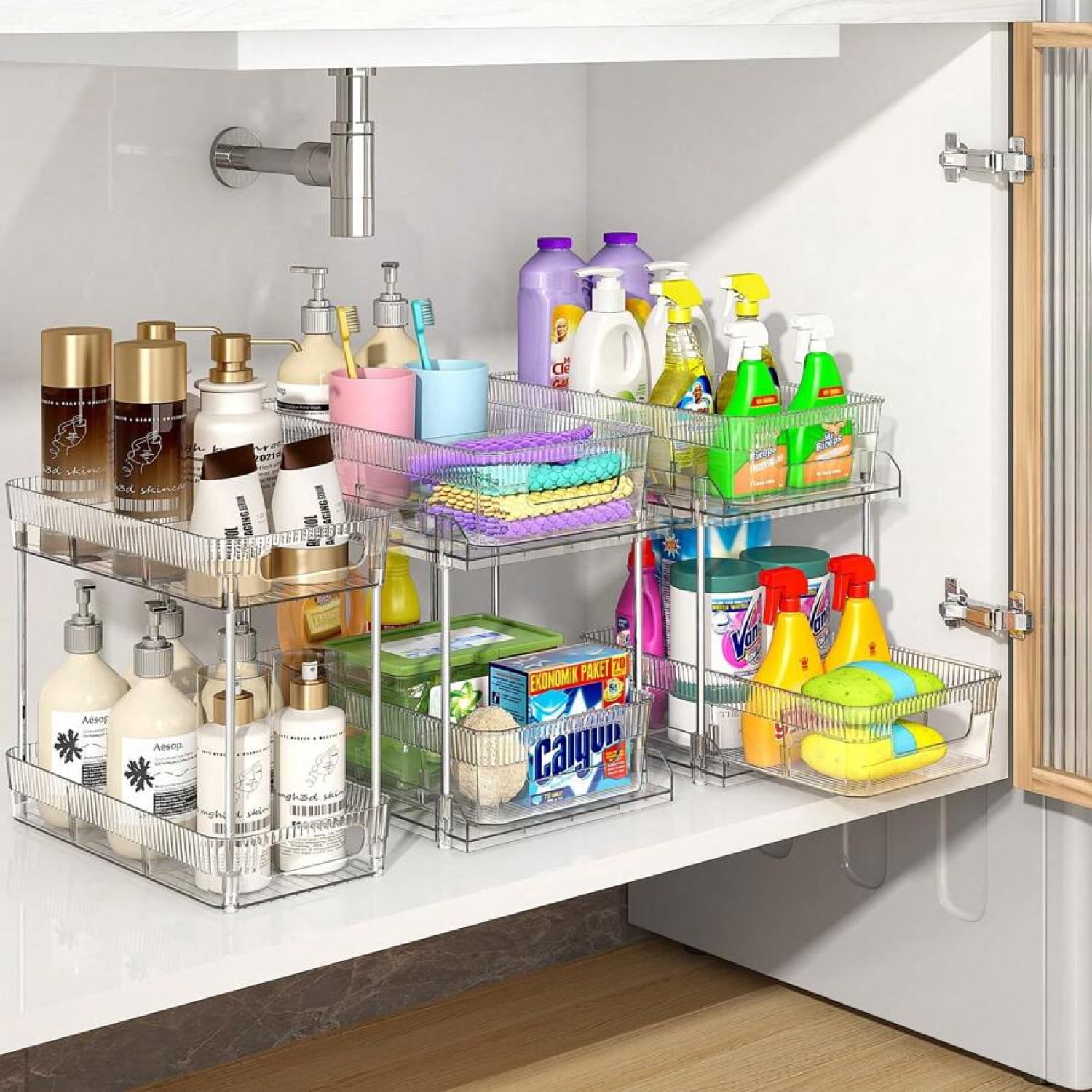 3 Pcs 2 Tier Bathroom Organizer With Dividers, Clear Under Sink Organizers Storage Slide Out Bathroom Vanity Counter Storage Container For Kitchen Pantry Cabinet Closet, Medicine Organizer