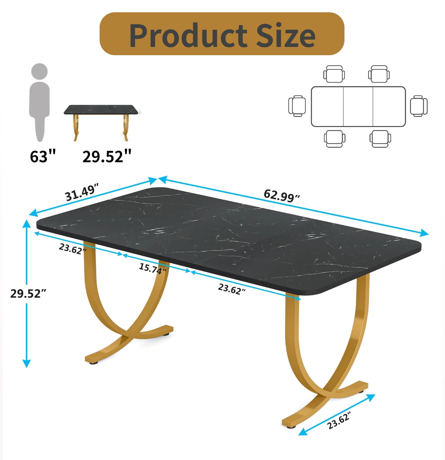 Fnova 63" Modern Long Dining Table for 6 people, Rectangular Faux Marble Kitchen Table with Metal Legsfor Dining Room, Black Gold