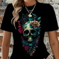 thumbnail image 2 of Vintage Chic Skull & Floral Print Crew Neck Short Sleeve T-Shirt Women's Clothing, Crew Neck Tee 100% Cotton, 2 of 9