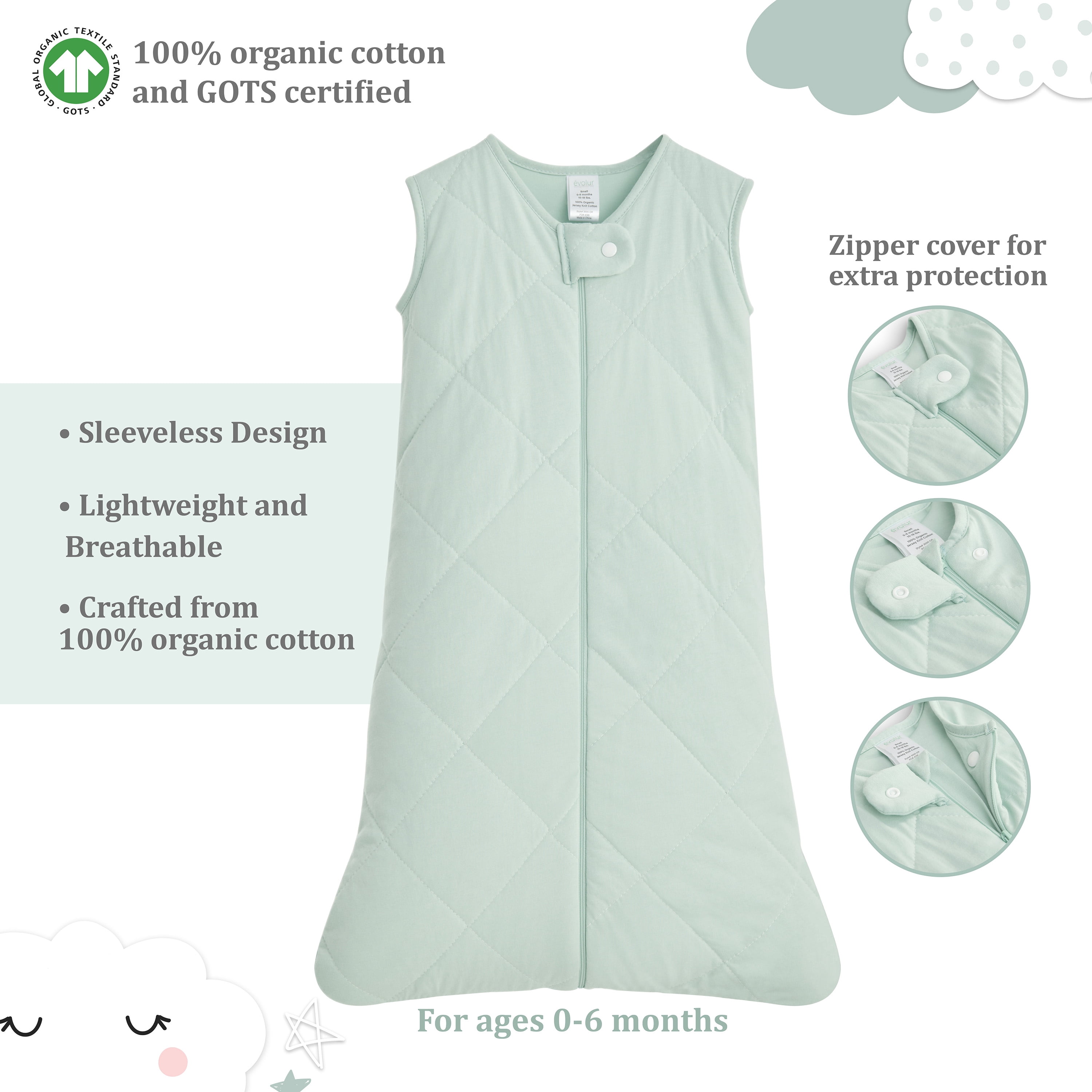 Evolur Dreamer Collection 3pc Crib Set (Fitted Sheet, Snuggle Sack, Crib Skirt) in Seafoam Green & Cloud Print