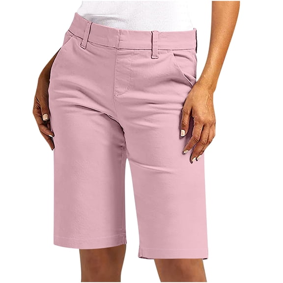 Cagogo Women's Straight Leg Mid Rise Shorts with Pockets Solid Casual Everyday Bermuda Shorts Vacation, Pink 2XL
