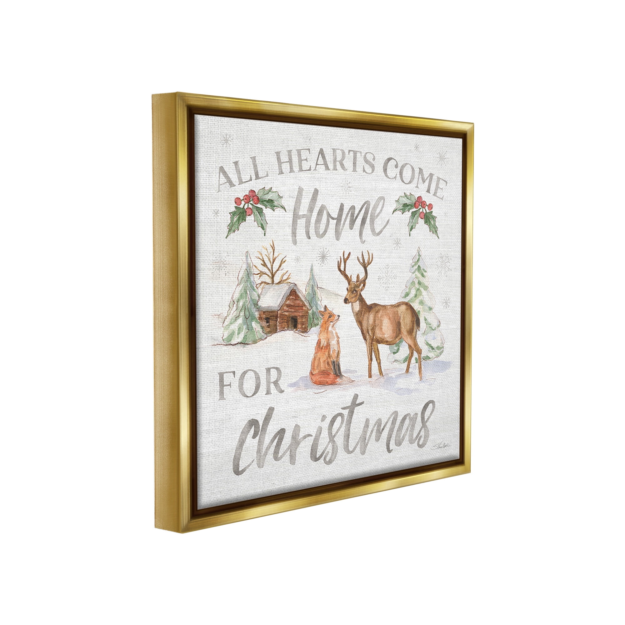 Stupell Industries Home For Christmas Phrase Holiday Painting Gold Floater Framed Canvas Art Print Wall Art, 25 x 25