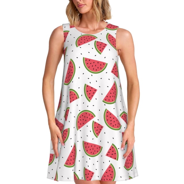 Balery Hand Drawn Watermelon Vestidos de verano para mujer con estampado: vestido holgado sin mangas, vestido playero informal y cómodo para días calurosos.