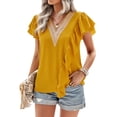 thumbnail image 4 of HUBERY Women Lace Spliced V Neck Tiered Ruffle Sleeve Solid Color Top, 4 of 7
