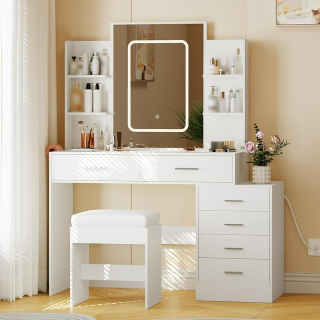 Vanity Desk with Mirror & Lights: Makeup Table with Charging Station & Padded Stool for Bedroom, White
