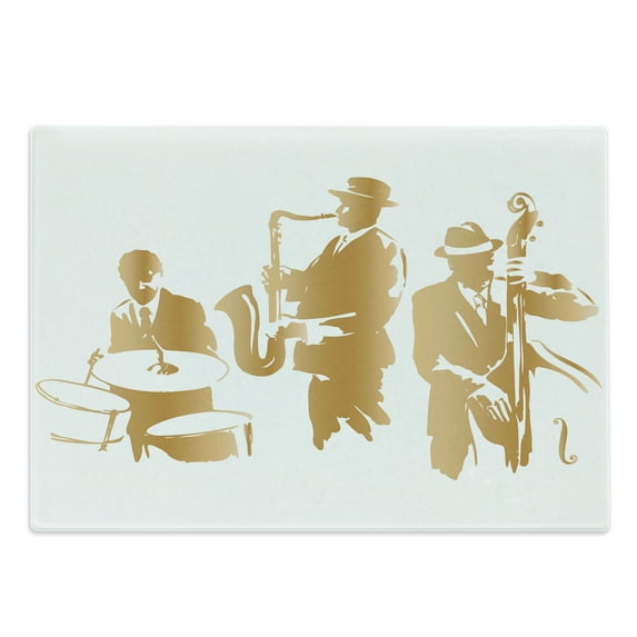 Music Cutting Board, Vintage Style Illustration of Jazz Band Playing the Blues Music Home Vibes Art, Decorative Tempered Glass Cutting and Serving Board, Large Size, Sand Brown White, by Ambesonne