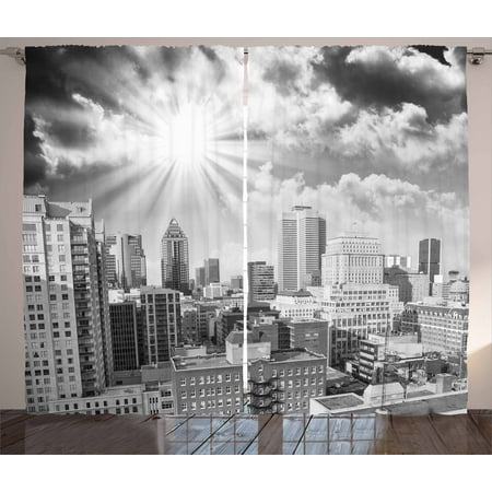 Black and White Curtains 2 Panels Set, Aerial View Montreal Canada Cityscape with Skyscrapers Architecture, Window Drapes for Living Room Bedroom, 108W X 96L Inches, Black White Grey, by