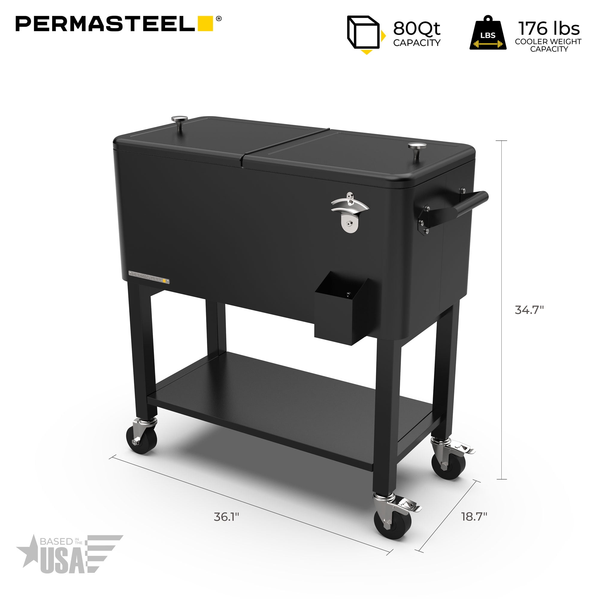 Permasteel Party Cooler with Divider, Removable Basin, Spacious 80-Qt Capacity, Chills 36hrs, Serving Tray, Rolling Ice Chest for Indoor & Outdoor, Matte Black