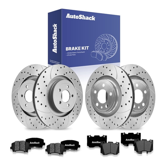 AutoShack Front & Rear Drilled & Slotted Brake Rotors Ceramic Brake Pads | Replacement for 2015-2018 Ford Mustang 2.3L 5.0L V8 RWD | Silver Matte Finish | 12-PC Brake Kit | TurboGuard