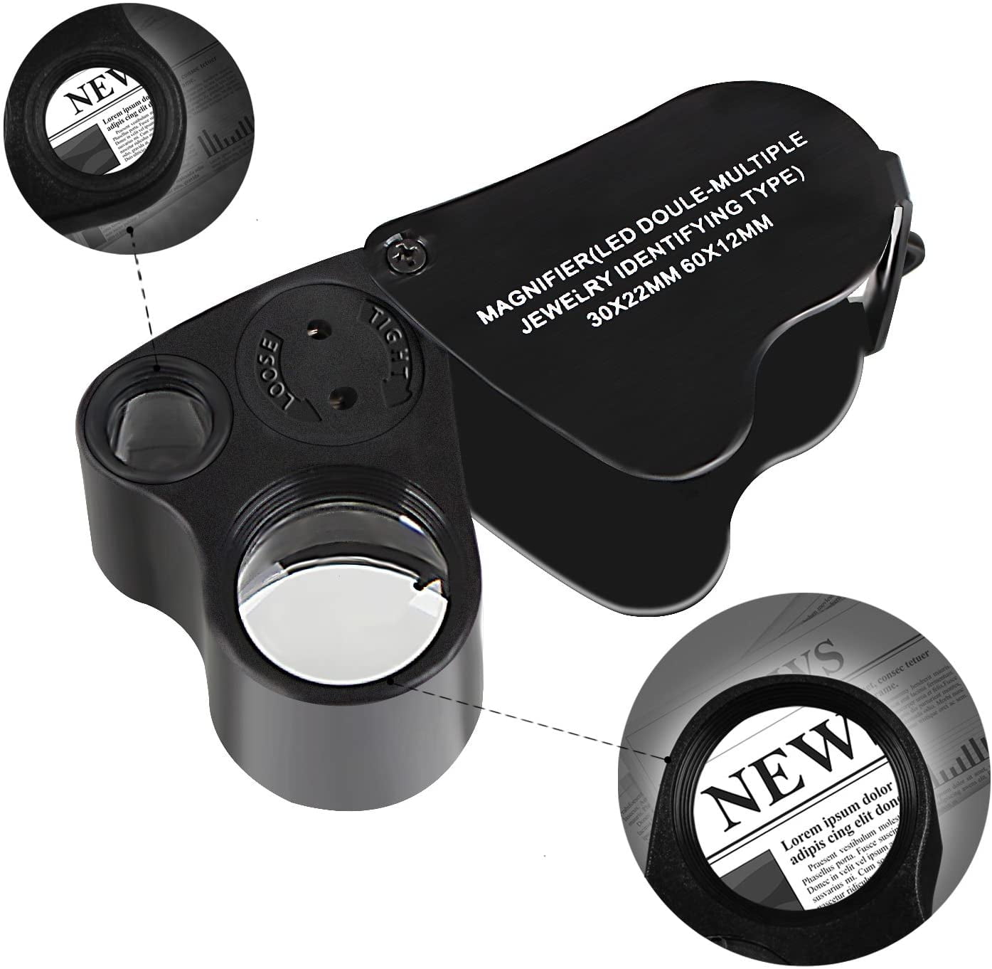 Black, White 2 Lens Design 6 Pieces 30X 60X Jewelry Magnifiers Foldable Loupe Illuminated Eye Loupe Portable Jewelry Magnifier with LED Light for Identifying Jewelry Gems Coins Stamps 