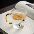 thumbnail image 4 of Taza de café de vidrio borosilicato transparente de 250 ml con asa, vaso for bebidas con rayas verticales y decoración de flor de ciruelo de hojalata, 4 of 7
