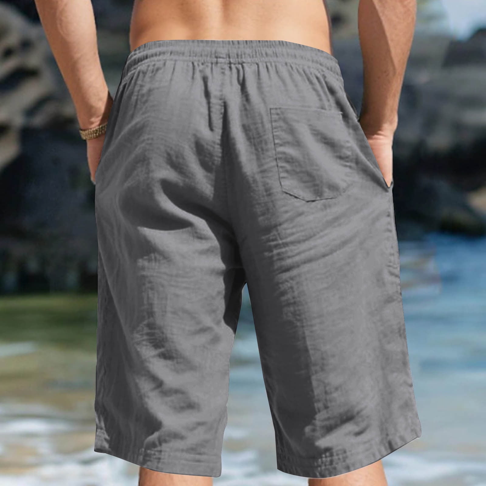 Dagegui Bermuda Shorts for Men Drawstring Elastic Waist Linen