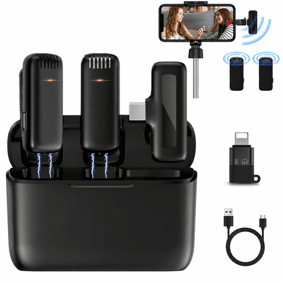 Wireless Lavalier Microphone for iPhone Android Mini Clip On Mic with Charging Case 360° sound 2.4GHz Noise Reduction Audio Video Recording Microphone for Vlog Interview Podcast Live Stream