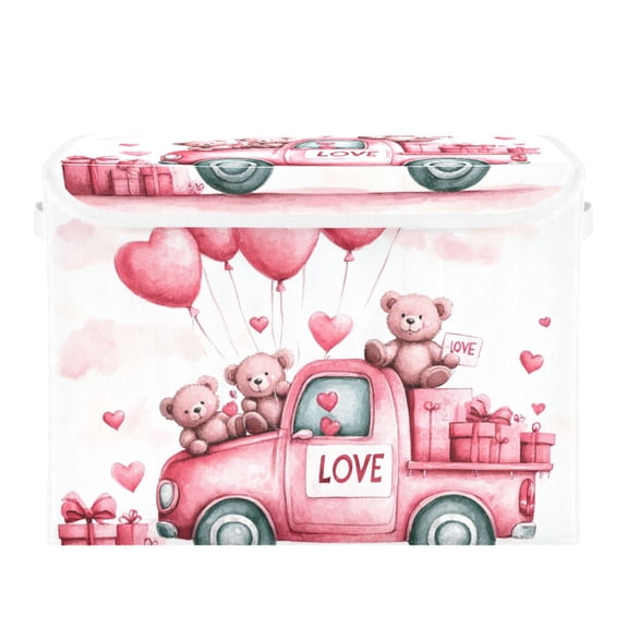 Valentine's Day Bear Large Storage Bins with Linen Collapsible Lid Storage Box 16.7 x 12.6 x 11.8in