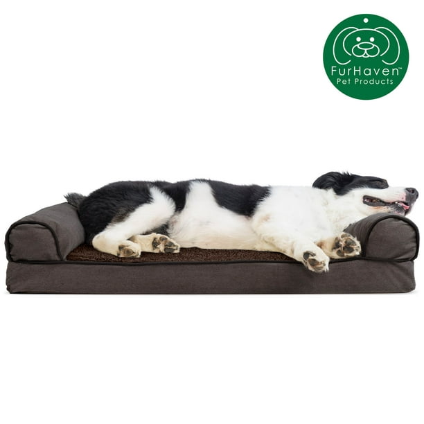 FurHaven Pet Products Cooling Gel Memory Foam Orthopedic Faux Sofa-Style Couch Pet Bed for Dogs and Cats, Coffee, Large