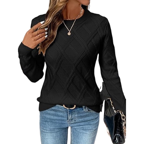 Womens Sweaters Crewneck Cable Knit Sweater Long Sleeve Fall Tops for Women Black XL