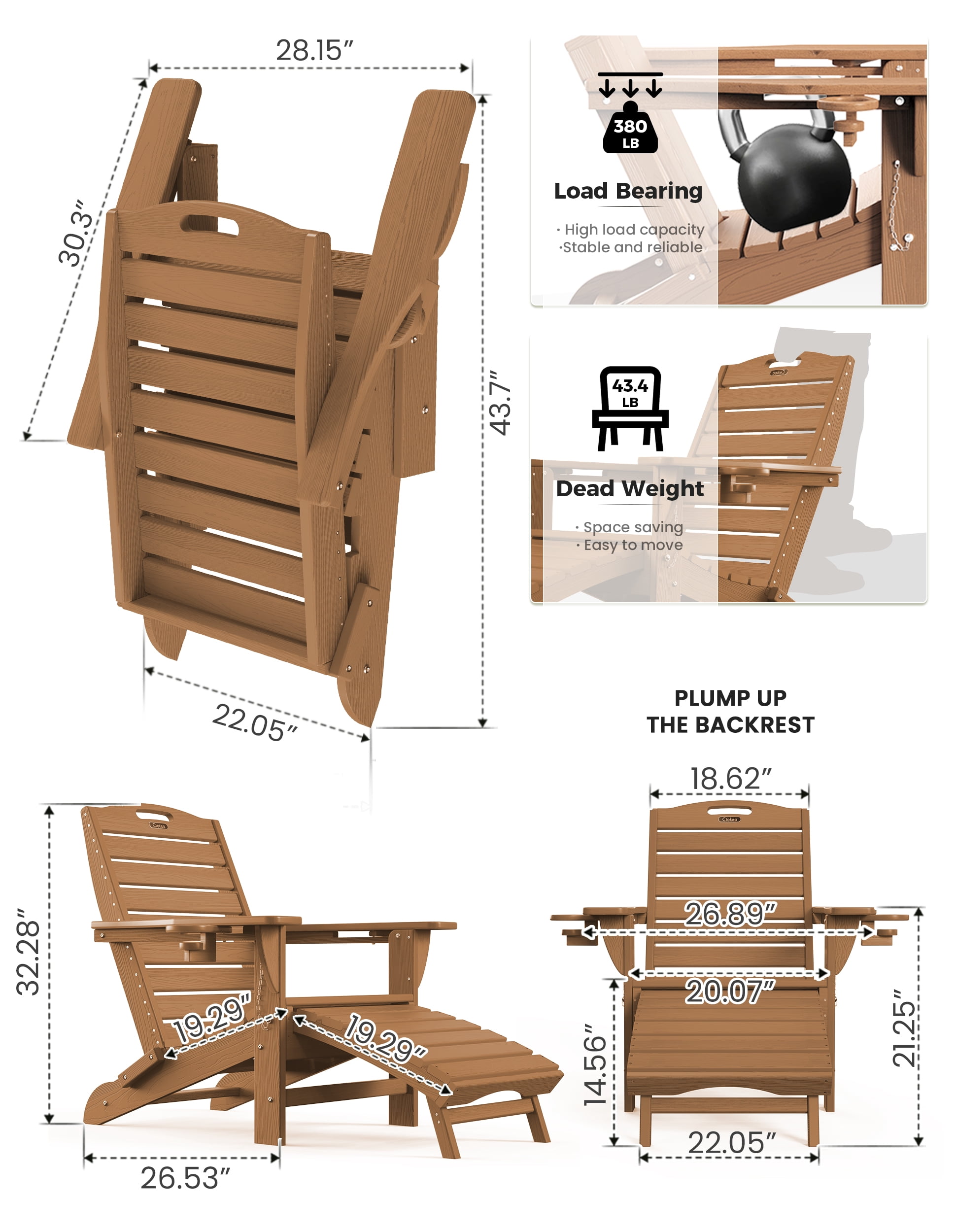 Folding Adirondack Chair with Retractable Ottoman Footrest, Wood Grain HDEP All Weather Fire Pit Chair with 2 Cup Holders for Outdoor, Classic Brown