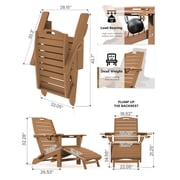 Folding Adirondack Chair with Retractable Ottoman Footrest, Wood Grain HDEP All Weather Fire Pit Chair with 2 Cup Holders for Outdoor, Classic Brown