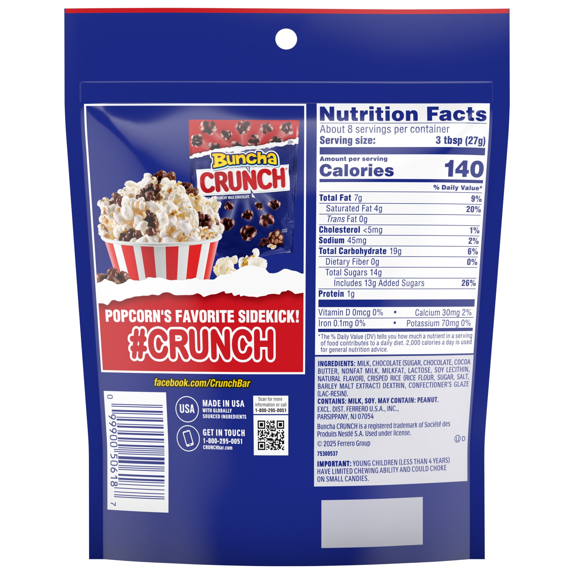 BUNCHA CRUNCH Bunches of Crunchy Milk Chocolate Clusters with Crisped Rice, 8oz / 226.7g Bag for The Ultimate Movie Night Snack