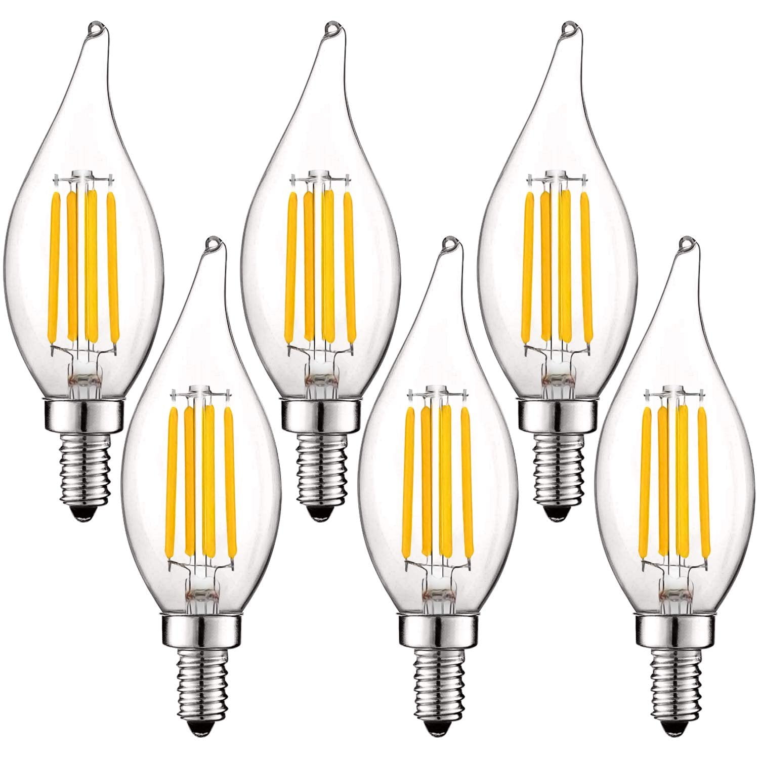 Luxrite 5W E12 Vintage Candelabra LED Dimmable Light Bulbs, 60W Equivalent 2700K Warm White, 550 Lumens, Flame Tip, 6-Pack