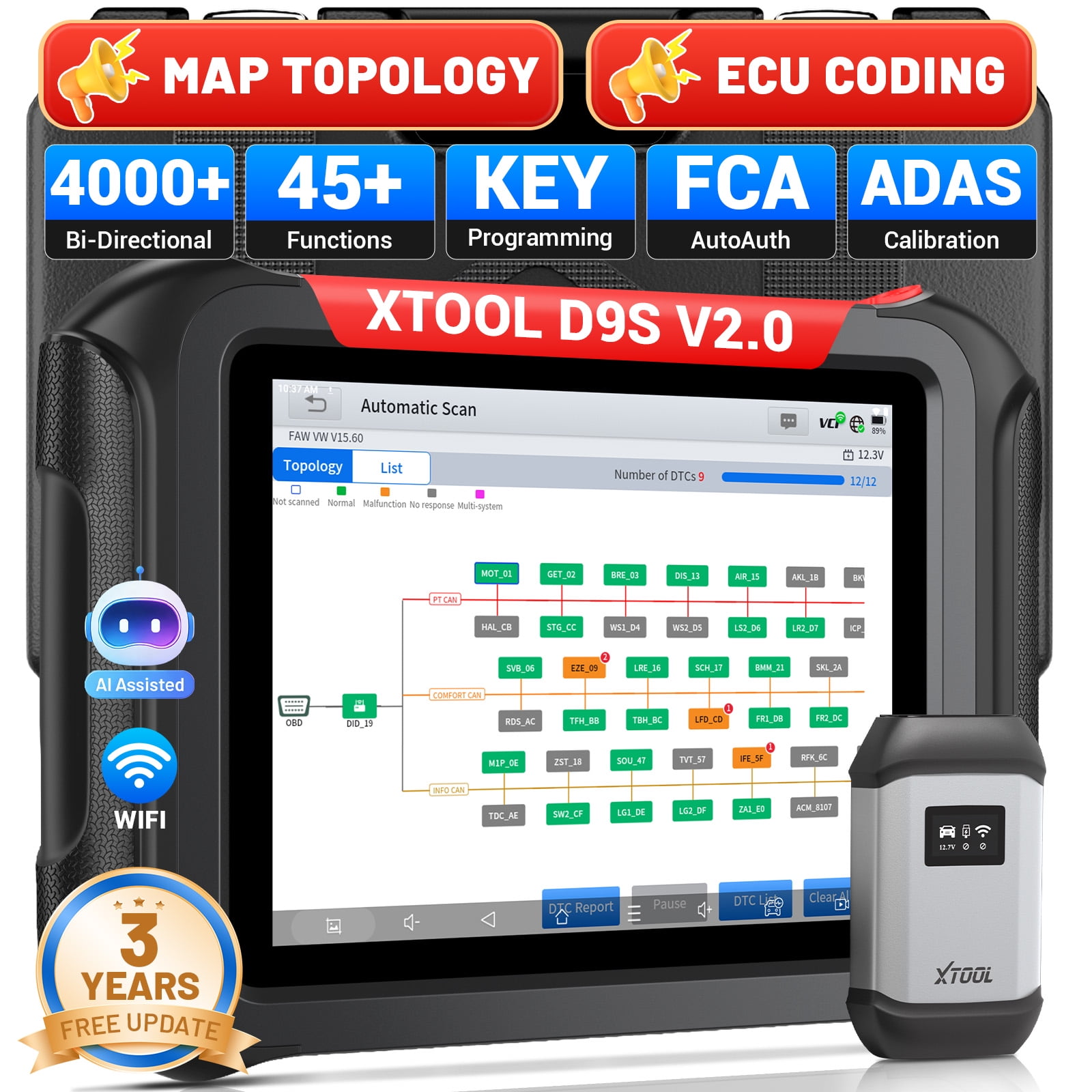 XTOOL D9S Professional All System Diagnostic Tool Bidirectional OBD2 Scanner Bluetooth, Topology Mapping, Key Fob Pr0grammer, AI-Assisted, ECU Cod-ing, PMI, 45+ Resets, FCA, 3-Year Update