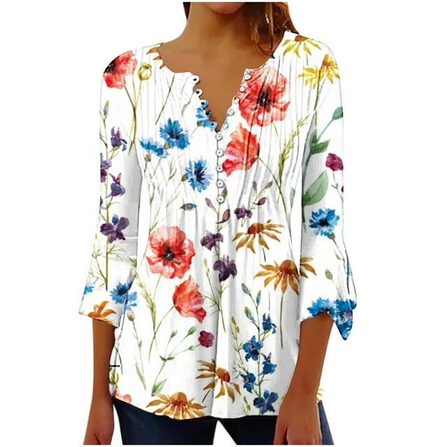 RKSTN Womens Tops Casual Trumpet 3/4 Sleeve Vintage Floral Printed T-shirts Buttons Basic Ruched Pleated Blouses