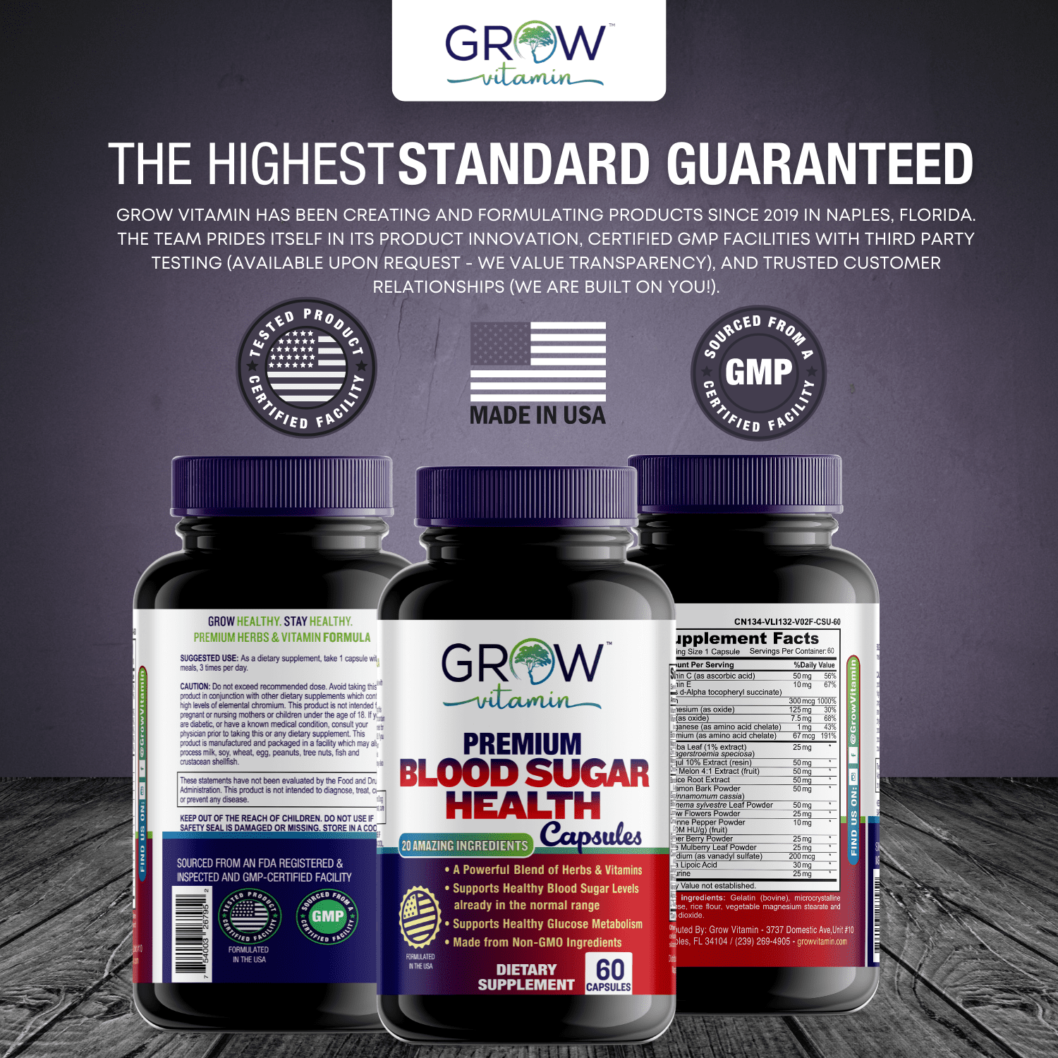 Grow Vitamin Blood Sugar Complex with Cinnamon Bark Capsules, Supports Heart Health, Energy & Immune System, 60 Count