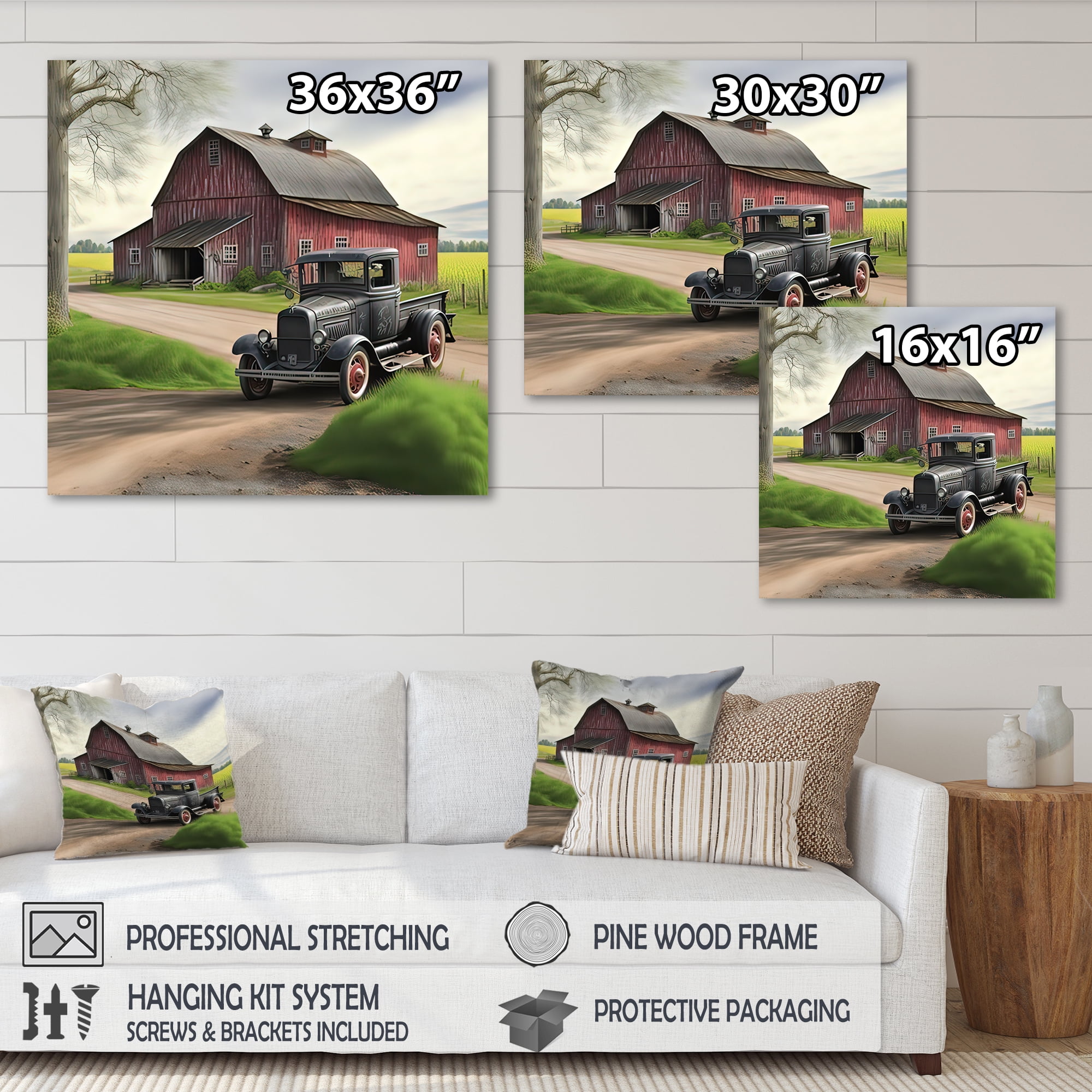 Designart 30S Ford Car In Barn III Canvas Wall Art