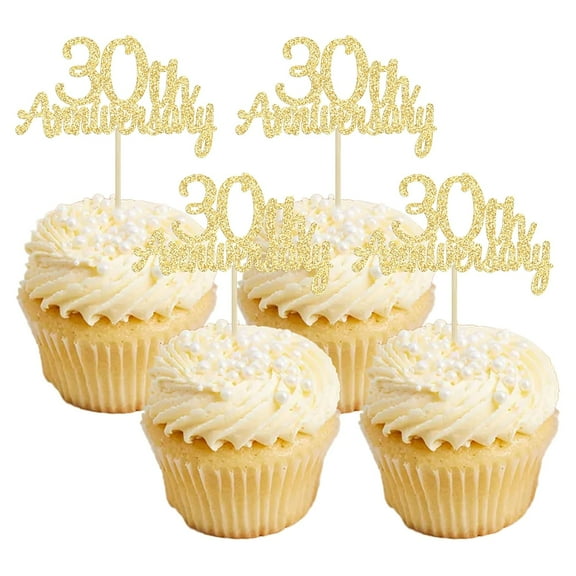 12pcs 30th Anniversary Cupcake Toppers Picks Gold Glitter Happy Birthday Cake Decorations for Cheers to 30 Wedding Retirement Party Supplies