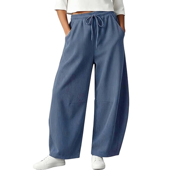Inleife Women's Solid Barrel Wide Leg Sweatpants Drawstring Elastic Waisted Wide Leg Pants Casual Trousers With Pockets Corduroy Pants