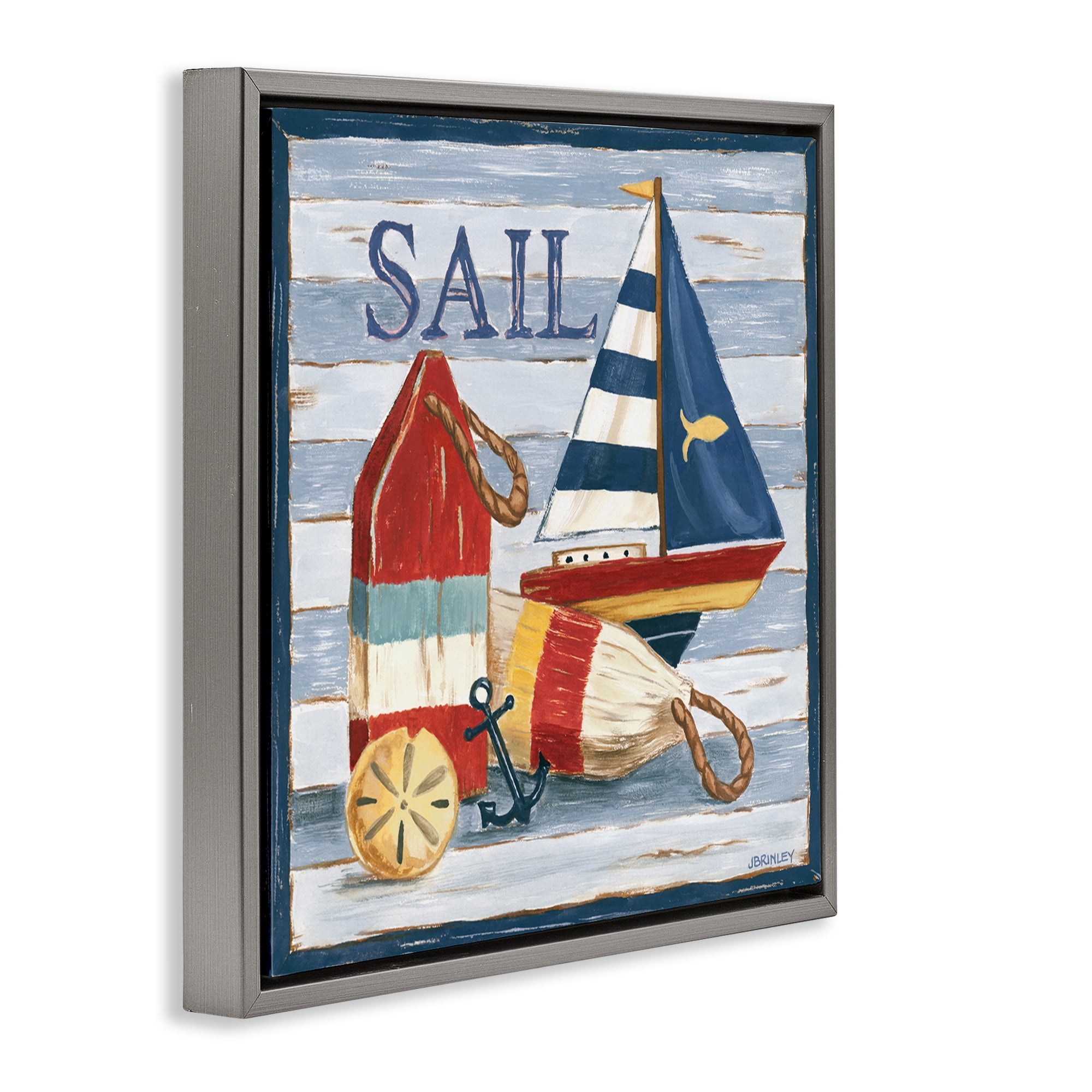 Stupell Industries Sail Boat & Buoys Nautical & Beach Painting Gray Floater Framed Canvas Art Print Wall Art, 18 x 18