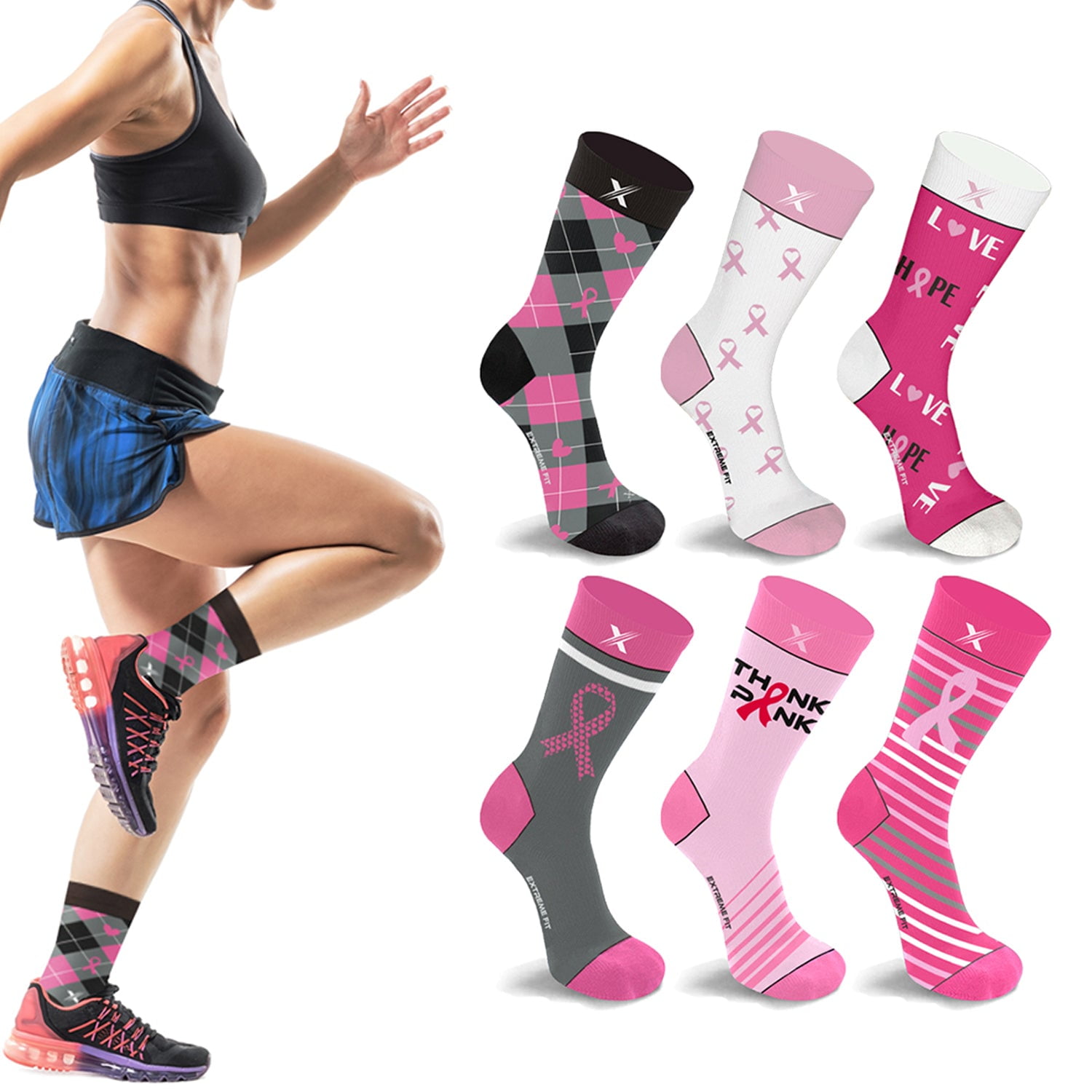 Cancer Awareness Compression Socks - Crew Socks for Running - 6 Pair