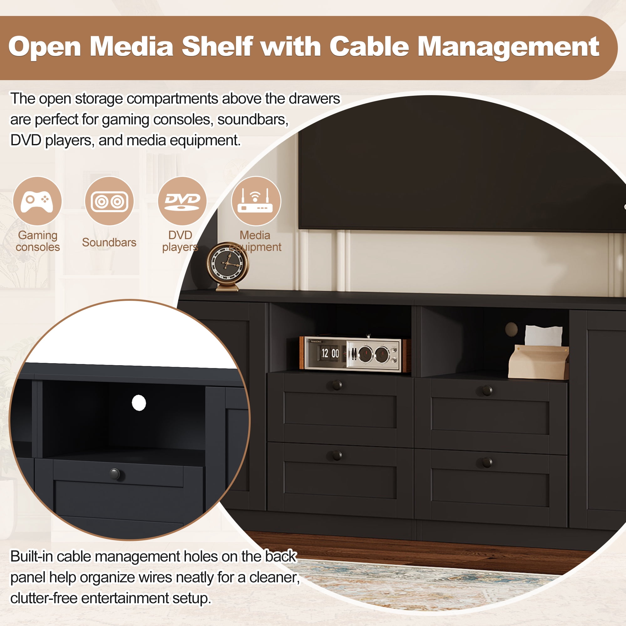 Farmhouse Entertainment Center Wall Unit with Bridge, 4 Drawers, Adjustable Shelves, Modern TV Stand for TVs Up to 70", Modern Media Console Cabinet with Storage for Living Room