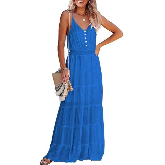 Vestido Maxi PRETTYGARDEN L Azul sin Mangas con Tirantes Espagueti