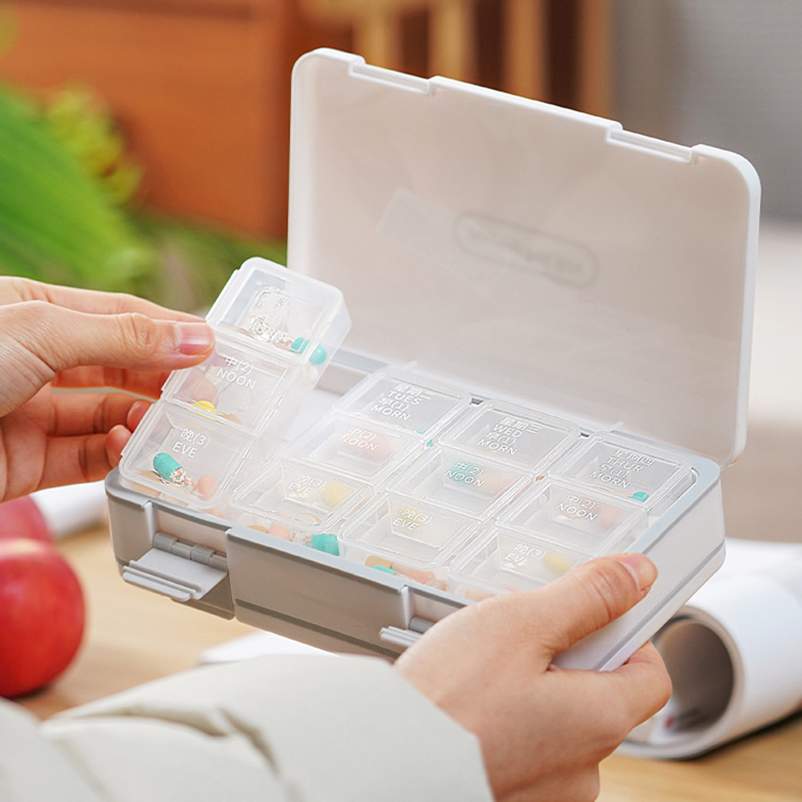 Pnellth Weekly Pill Organizer 24 Compartments 3 Times One Day Double Layer Clear Portable 7 Days Travel Capsule Tablet Storage Box Container
