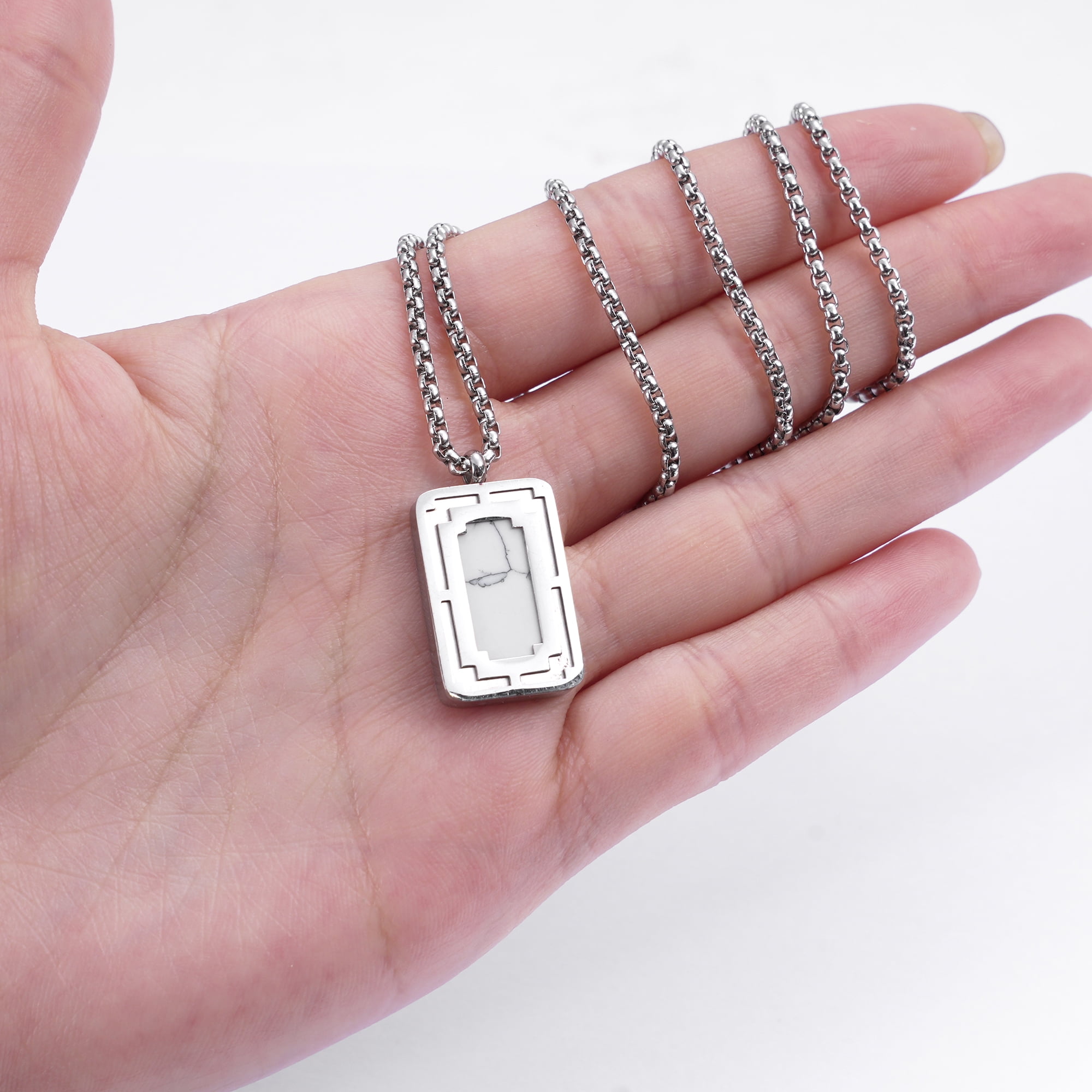 Iron Saints Men White Marble Stone Pendant Necklace, Stainless Steel, Natural Gems Men Jewelry