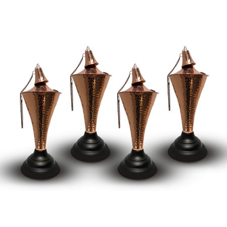 Legends Direct Set of 4, Oahu Premium Metal Tabletop Tiki Torches Outdoor, Tiki Style /w Snuffer, Fiberglass Wick & Large 35oz Oil Lamp Backyard Decor for Patio, Outdoor (Hammered Copper)