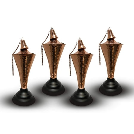 Legends Direct Set of 4, Oahu Premium Metal Tabletop Tiki Torches Outdoor, Tiki Style /w Snuffer, Fiberglass Wick & Large 35oz Oil Lamp Backyard Decor for Patio, Outdoor (Hammered Copper)