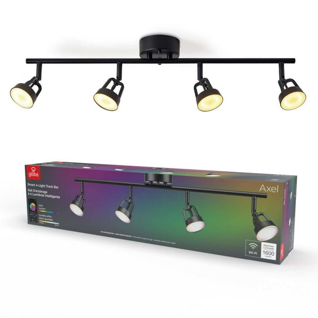 Matte black Wi-Fi smart 4-light LED track lighting fixture with adjustable heads emitting warm light, displayed above its multicolor changing RGB and tunable white packaging box.