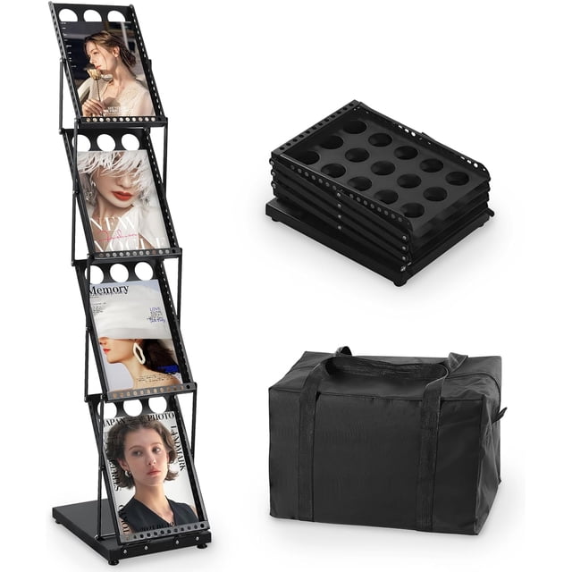 XIDIHF Foldable Magazine Rack, Floor Standing Literature Stand Brochure Display Rack, 4 Pockets with Carrying Bag for Office Trade Show Exhibitions Retail Store (Black-4-layer)