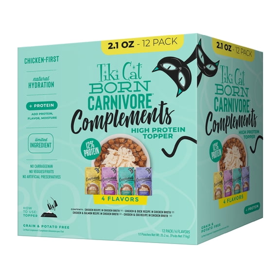 Tiki Cat Born Carnivore Complements Wet Cat Food Topper, Variety Pack 2.1 oz. Pouch (12 per Box)