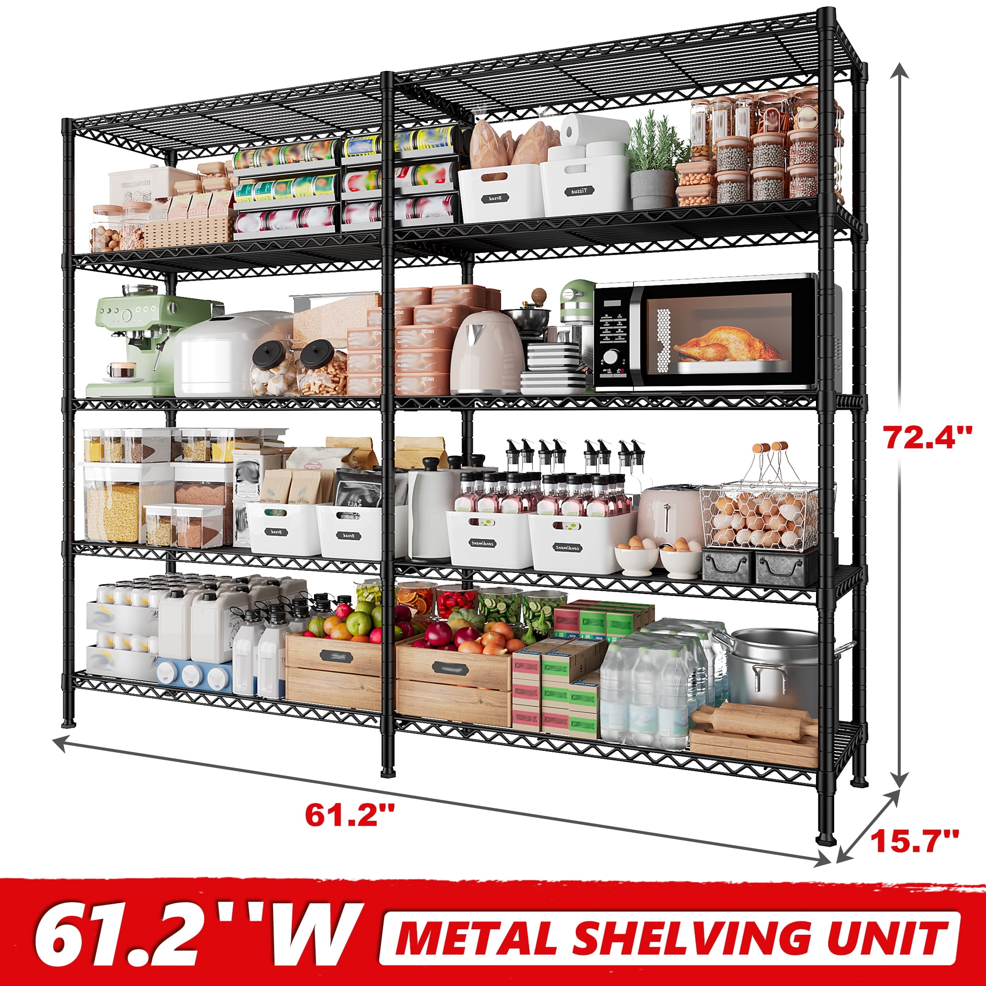 EnHomee Adjustable 5-Tiers Metal15.70"W x 15.70"D x 72.40"H Storage Shelves, Holds up to 1400 lb Maximum Load Weight, Black