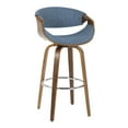 thumbnail image 2 of Curvini Mid-Century Modern Barstool In Walnut Wood And Blue Fabric - Set Of 2, 2 of 7